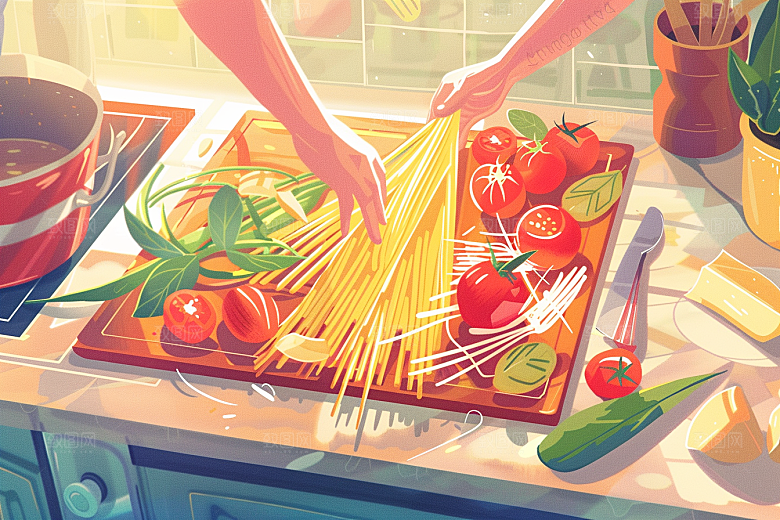 意大利面手绘美味插画