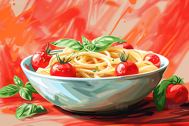 意大利面西餐手绘插画