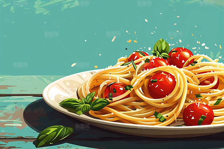 意大利面手绘美食插画
