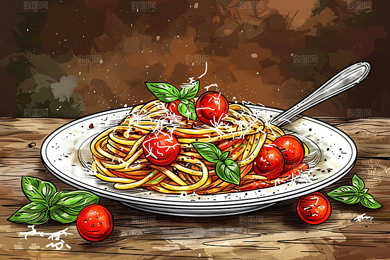 意大利面肉酱面西餐插画