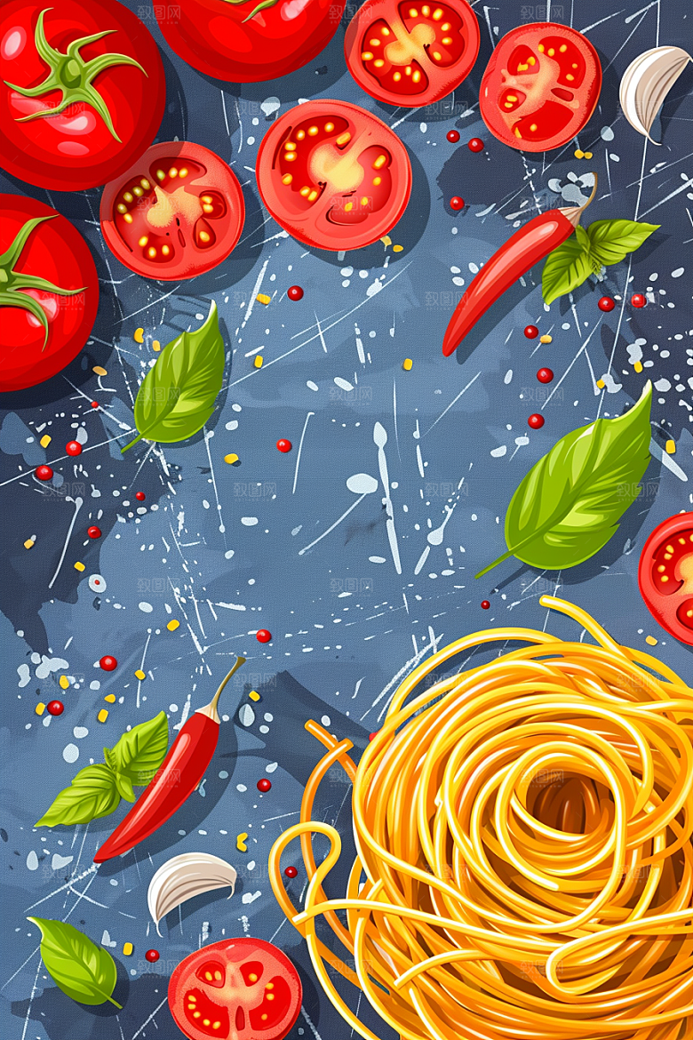 意大利面手绘彩色插画