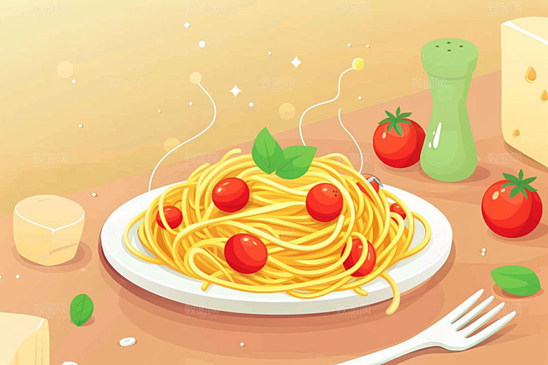 意大利面彩色西餐插画