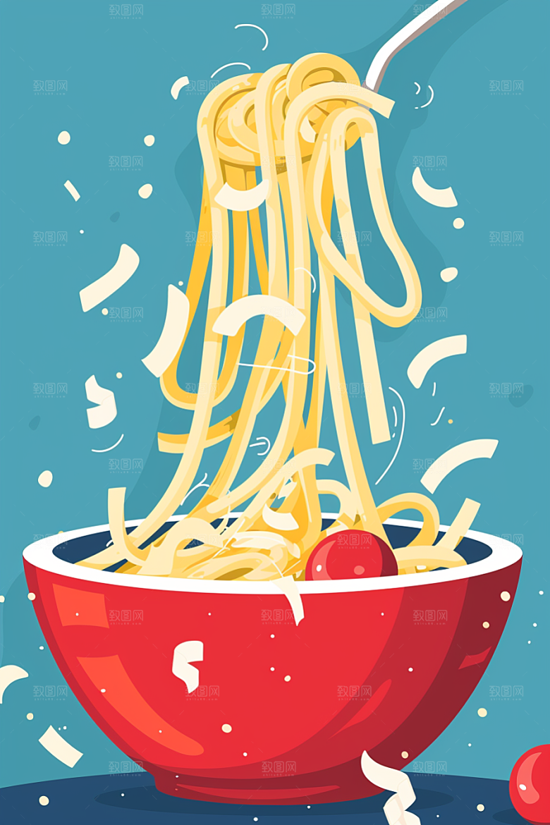 意大利面手绘彩色插画