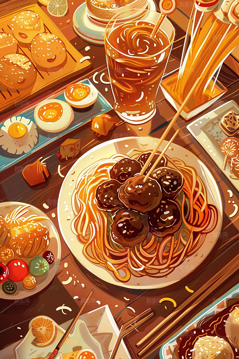 意大利面卡通西餐插画