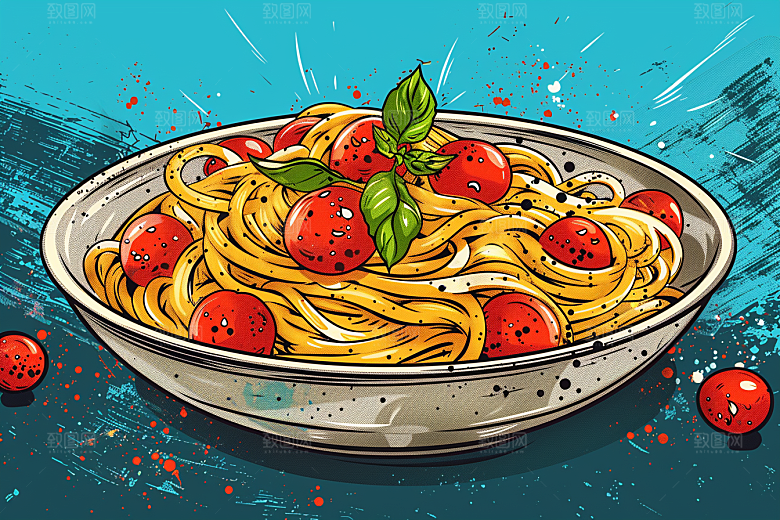 意大利面肉酱面绘本风插画