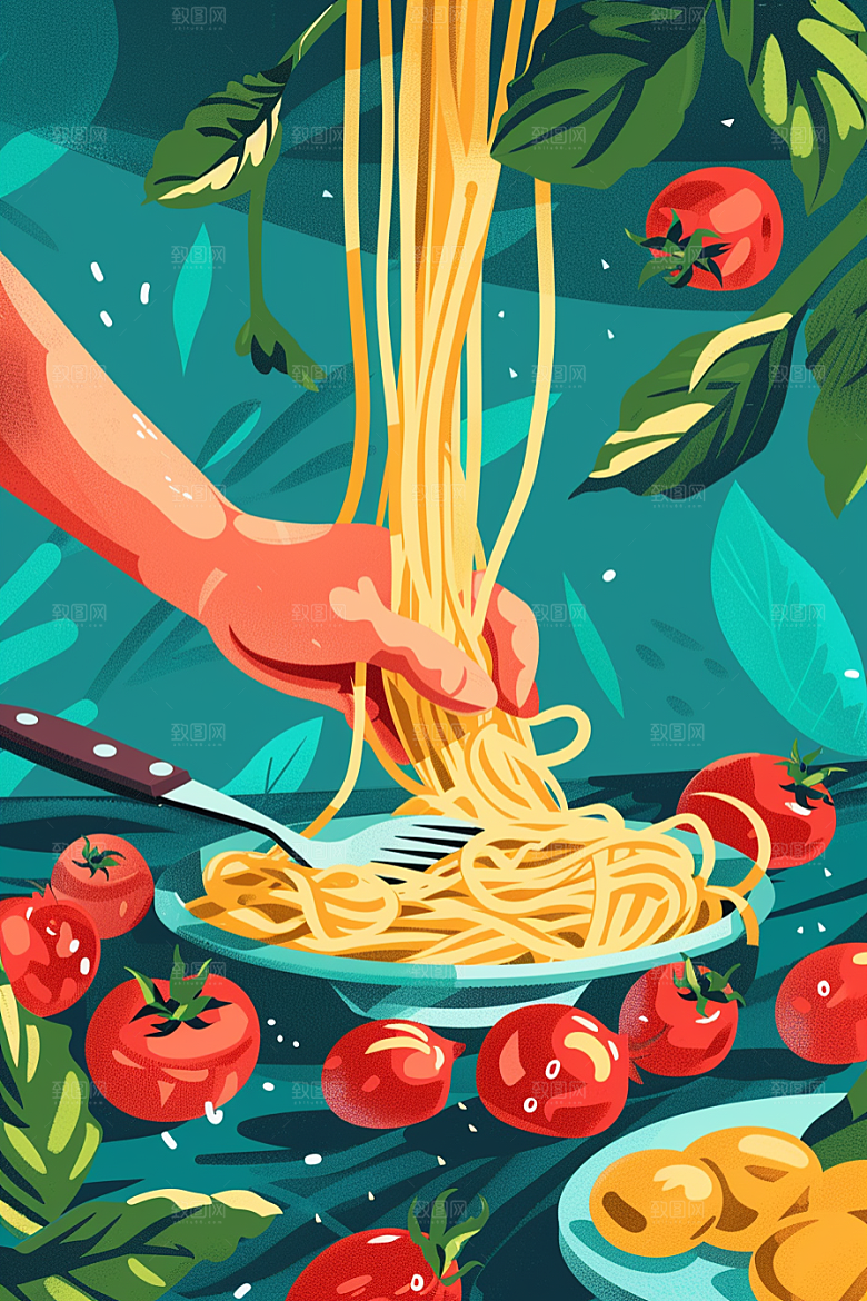 意大利面面条彩色插画