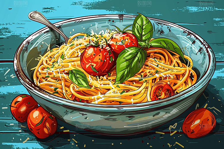 意大利面卡通肉酱面插画
