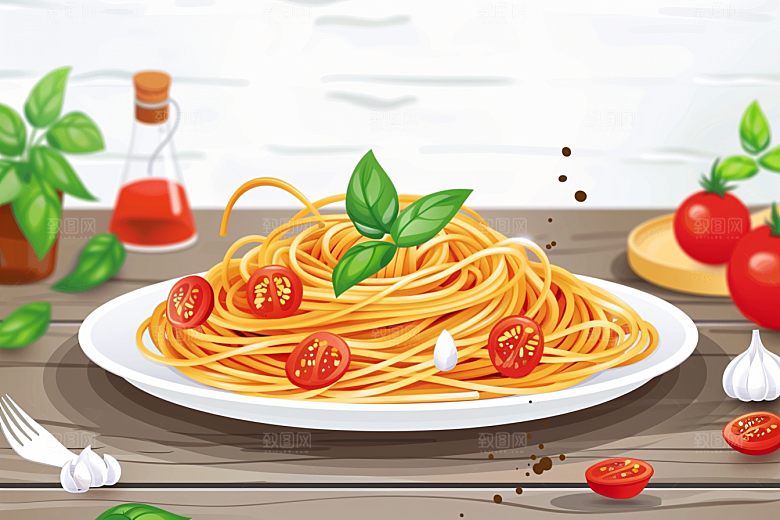 意大利面手绘彩色插画