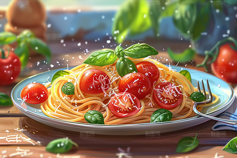 意大利面清新彩色插画