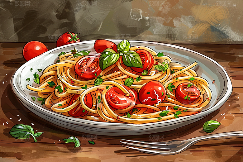 意大利面美食绘本风插画