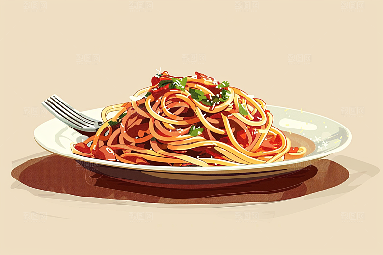 意大利面彩色肉酱面插画