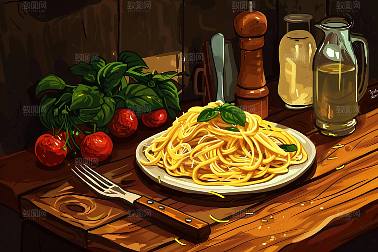 意大利面卡通绘本风插画