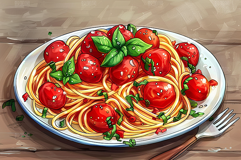 意大利面美食绘本风插画