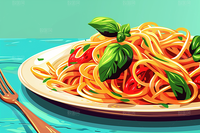 意大利面肉酱面彩色插画