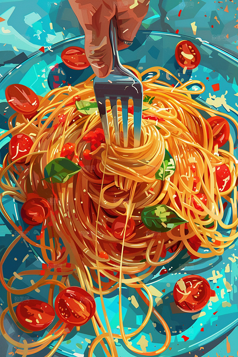 意大利面清新彩色插画