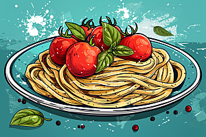 意大利面肉酱面清新插画
