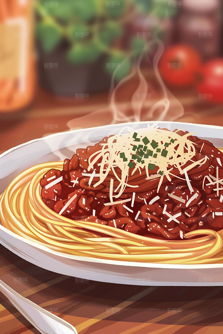 意大利面西餐手绘插画