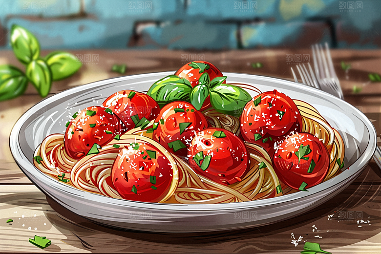 意大利面西餐艺术感插画