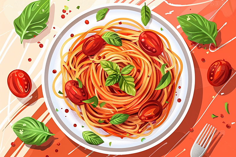 意大利面卡通手绘插画