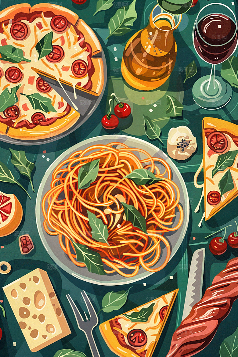 意大利面肉酱面彩色插画