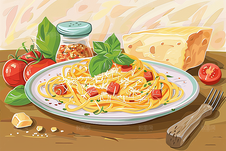 意大利面彩色美食插画