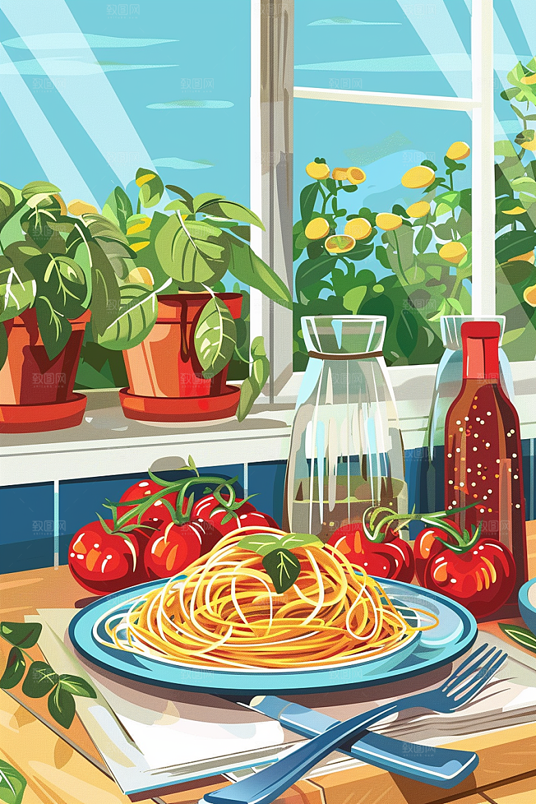 意大利面美食肉酱面插画