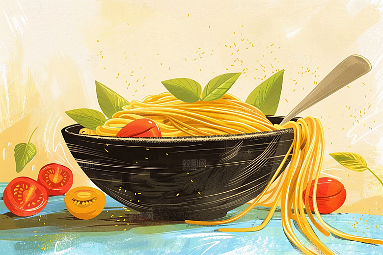 意大利面绘本风美食插画