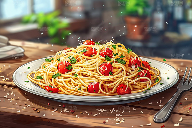 意大利面清新艺术感插画