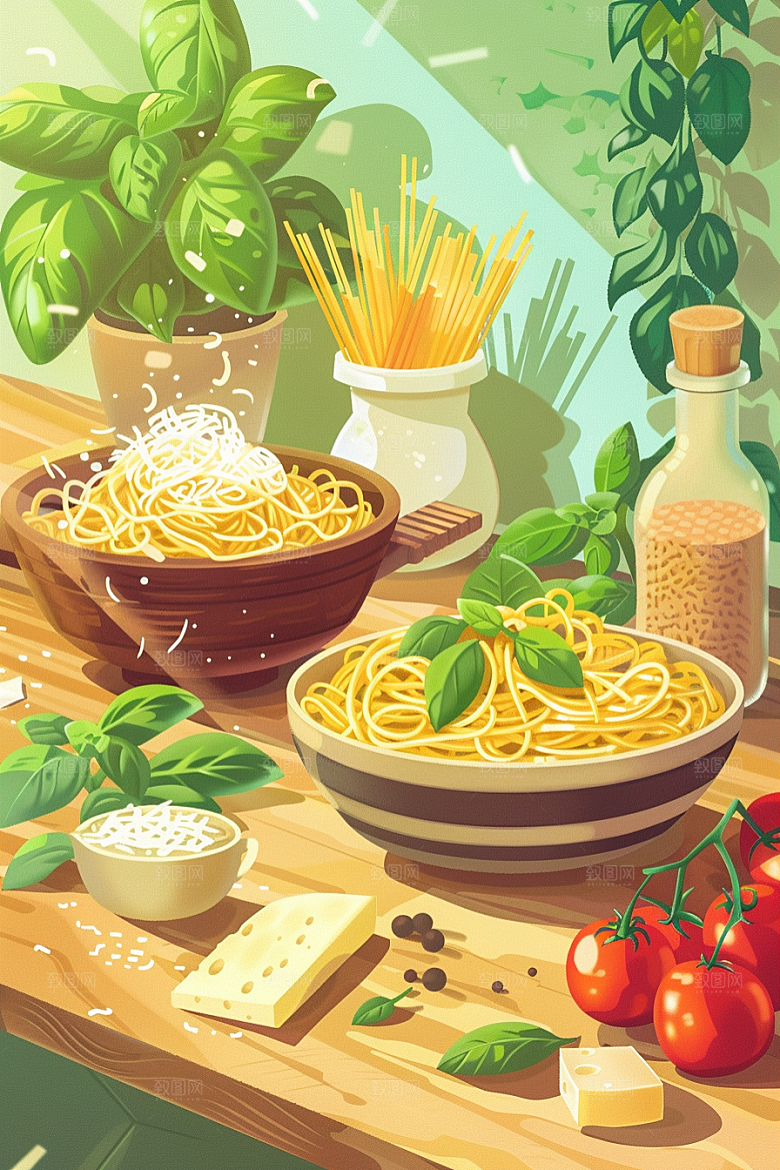 意大利面西餐彩色插画