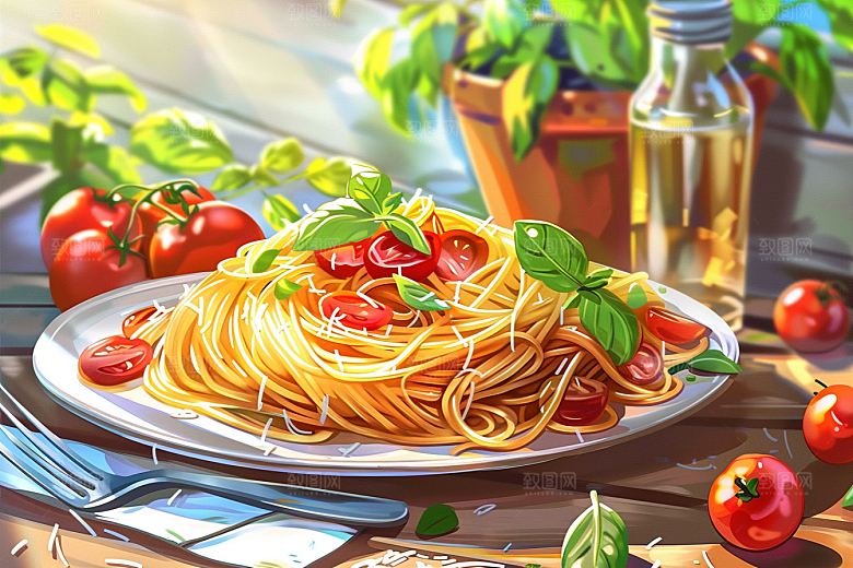 意大利面卡通彩色插画