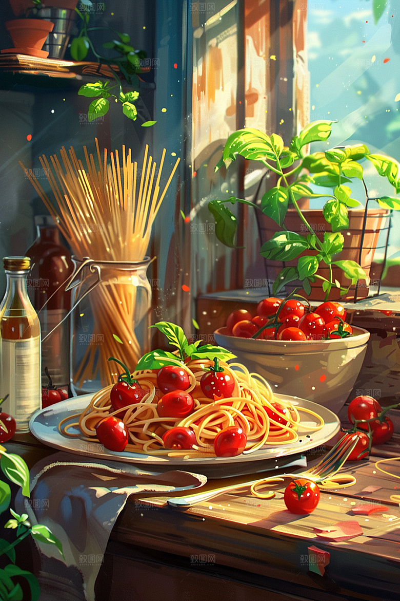 意大利面高清手绘插画