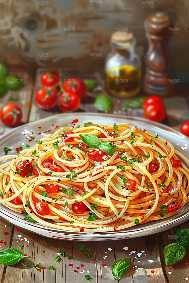 意大利面肉酱面绘本风插画