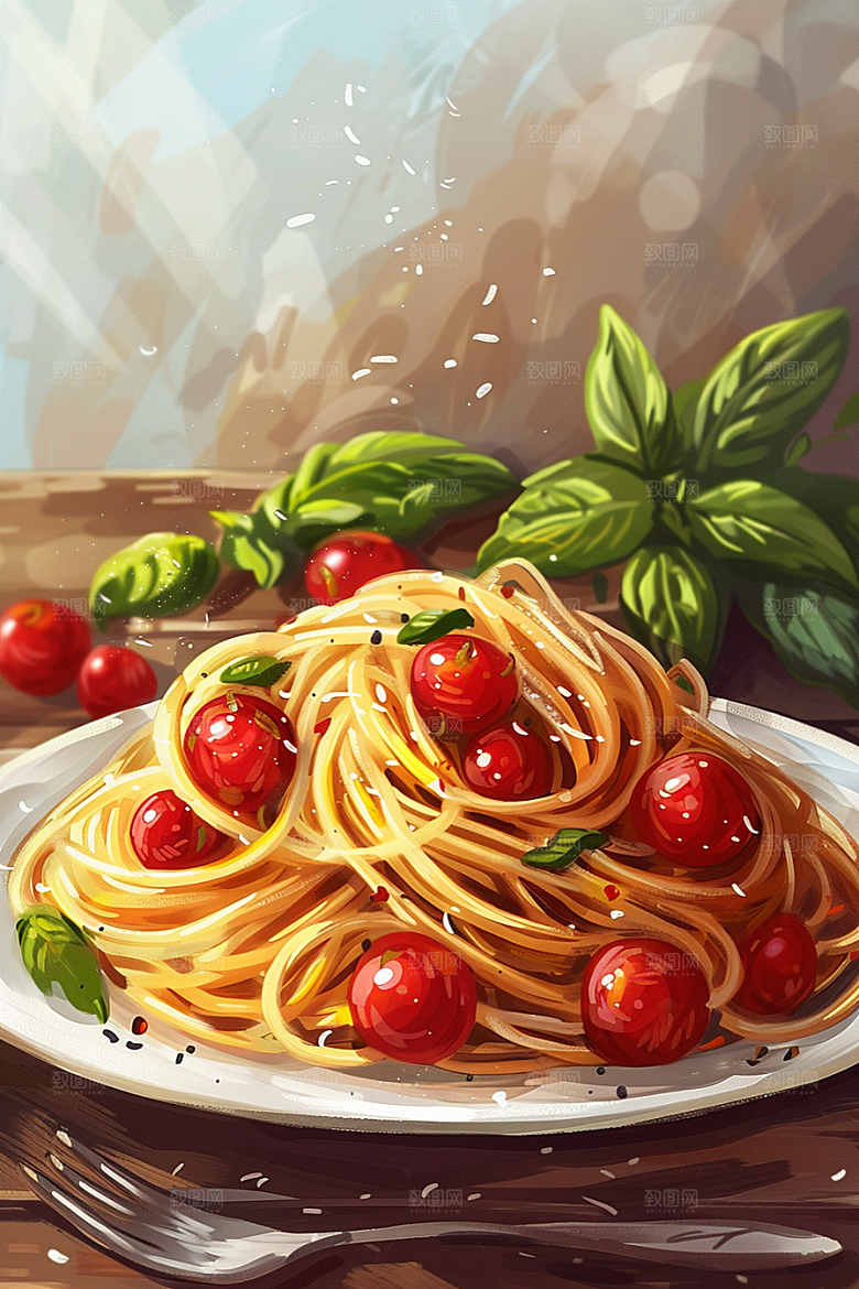 意大利面西餐卡通插画