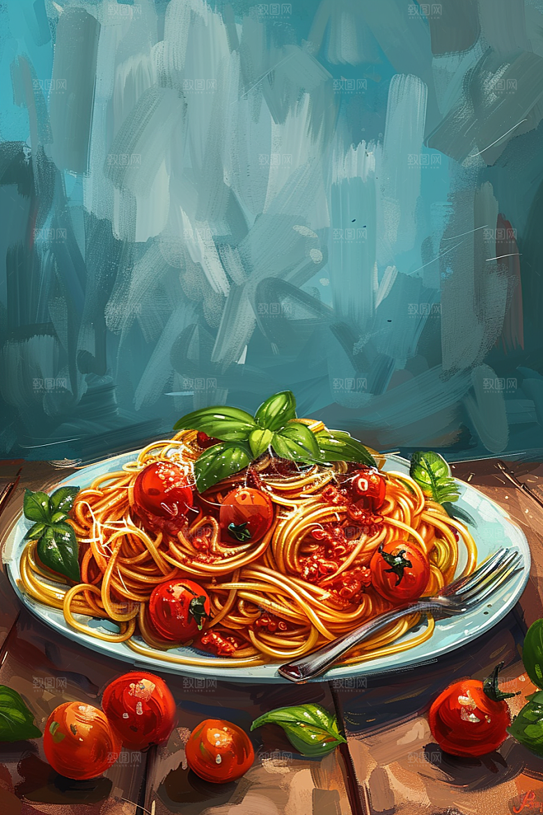 意大利面面条手绘插画
