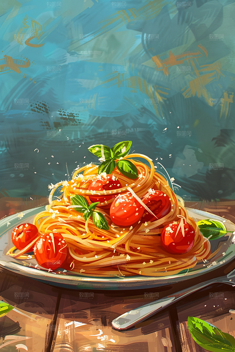 意大利面肉酱面绘本风插画