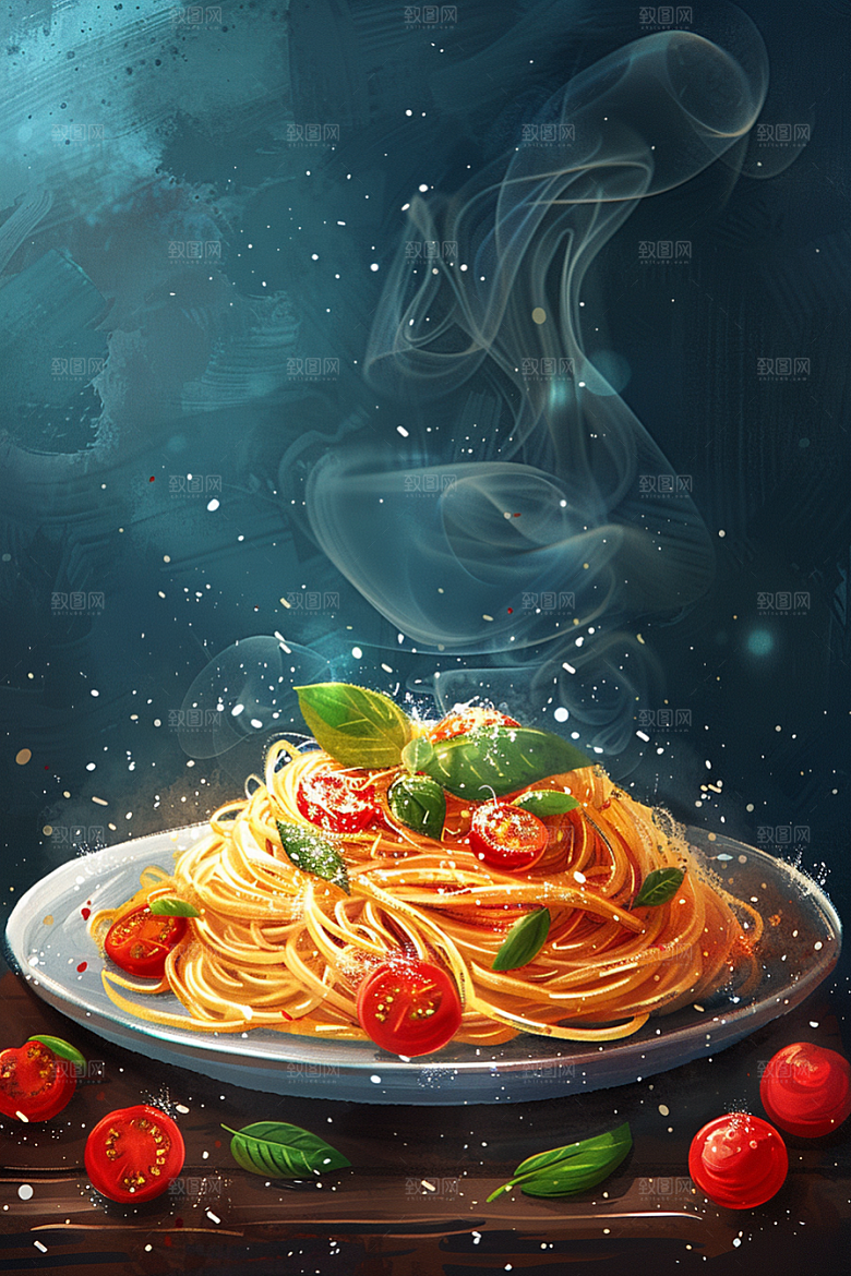意大利面彩色肉酱面插画