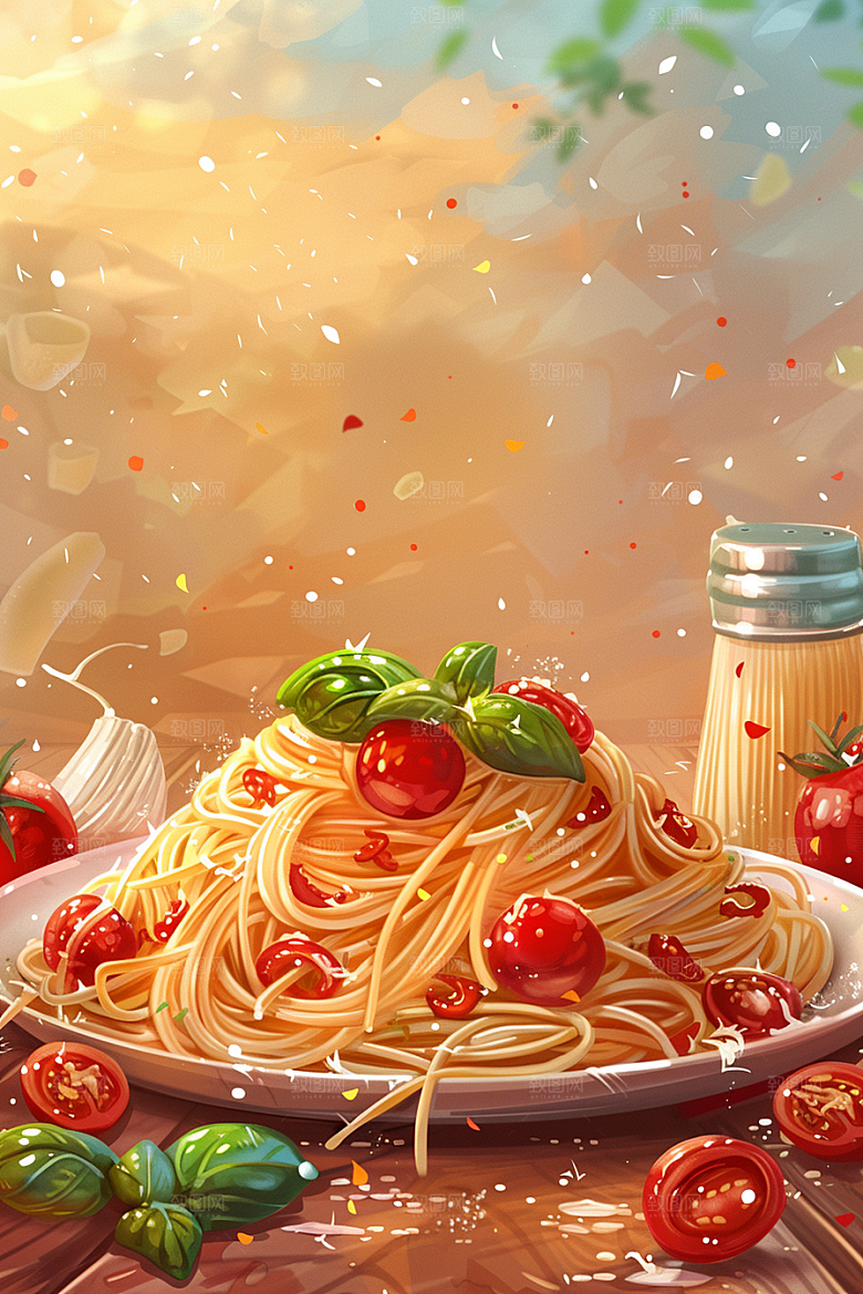 意大利面肉酱面艺术感插画