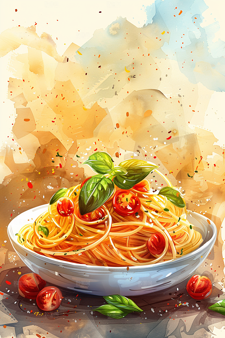 意大利面西餐彩色插画