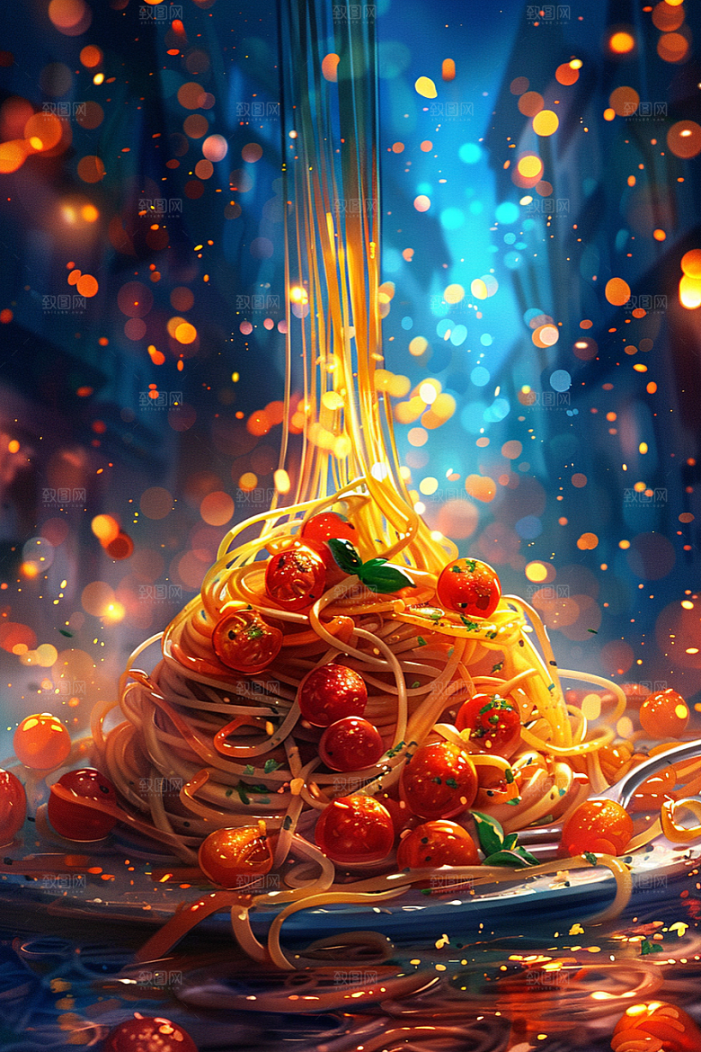 意大利面肉酱面彩色插画