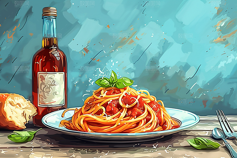 意大利面绘本风肉酱面插画