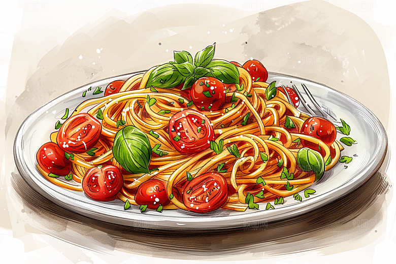 意大利面肉酱面艺术感插画