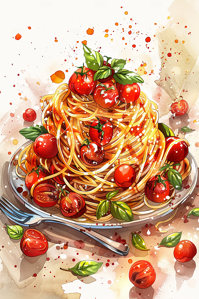 意大利面彩色绘本风插画