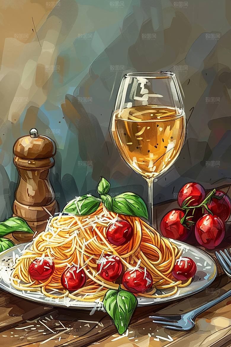 意大利面美食彩色插画