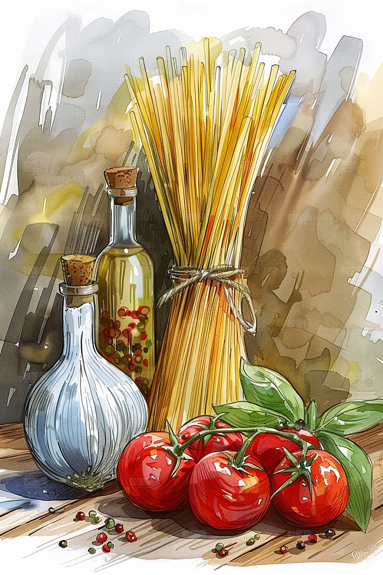意大利面彩色绘本风插画
