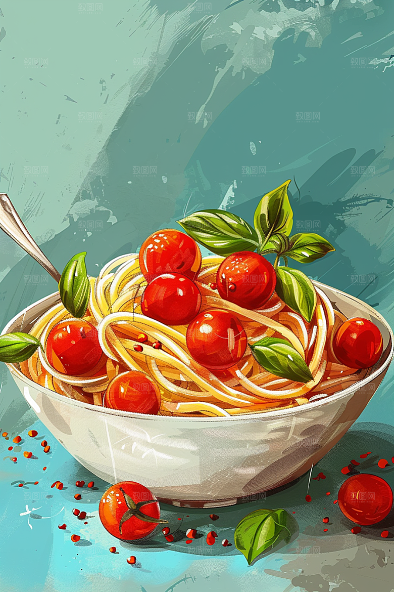 意大利面清新美食插画