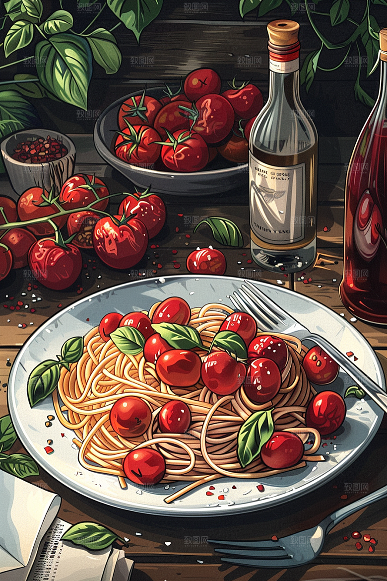 意大利面彩色卡通插画