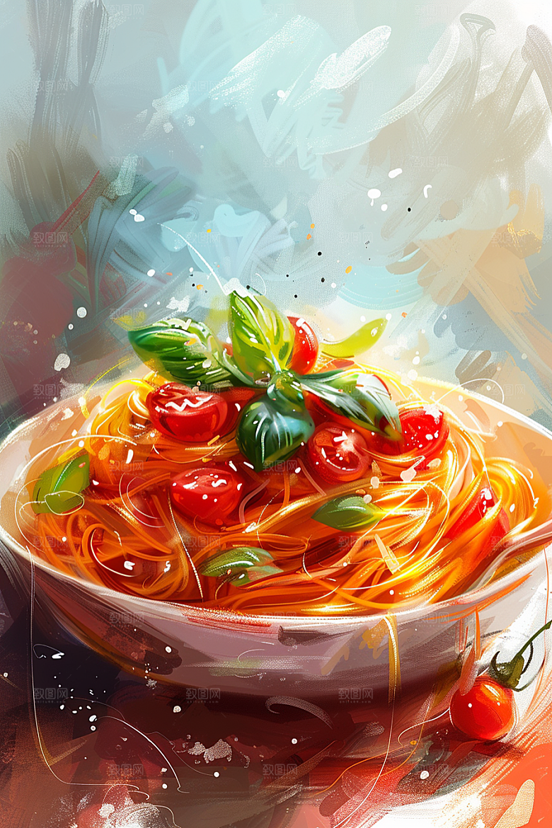意大利面手绘彩色插画