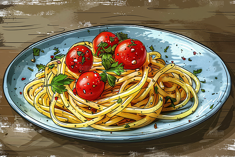 意大利面清新肉酱面插画