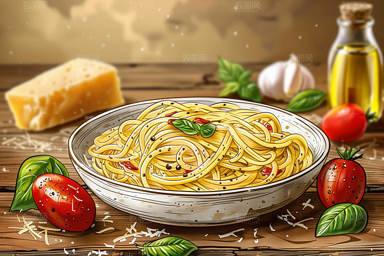 意大利面卡通美食插画