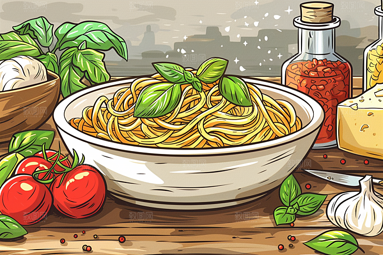 意大利面美食肉酱面插画
